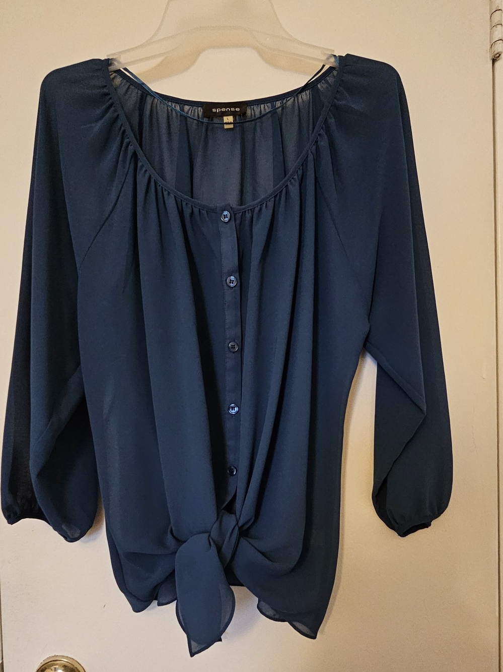 Spense Women's Deep Teal Button-Front Tie-Hem Blouse